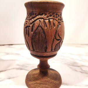 Hand Carved and Turned African Two Tone Wood Goblet Cup Rhino and Elephant